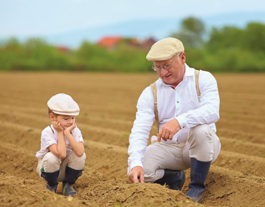 Großvater mit seinem Enkel am Feld